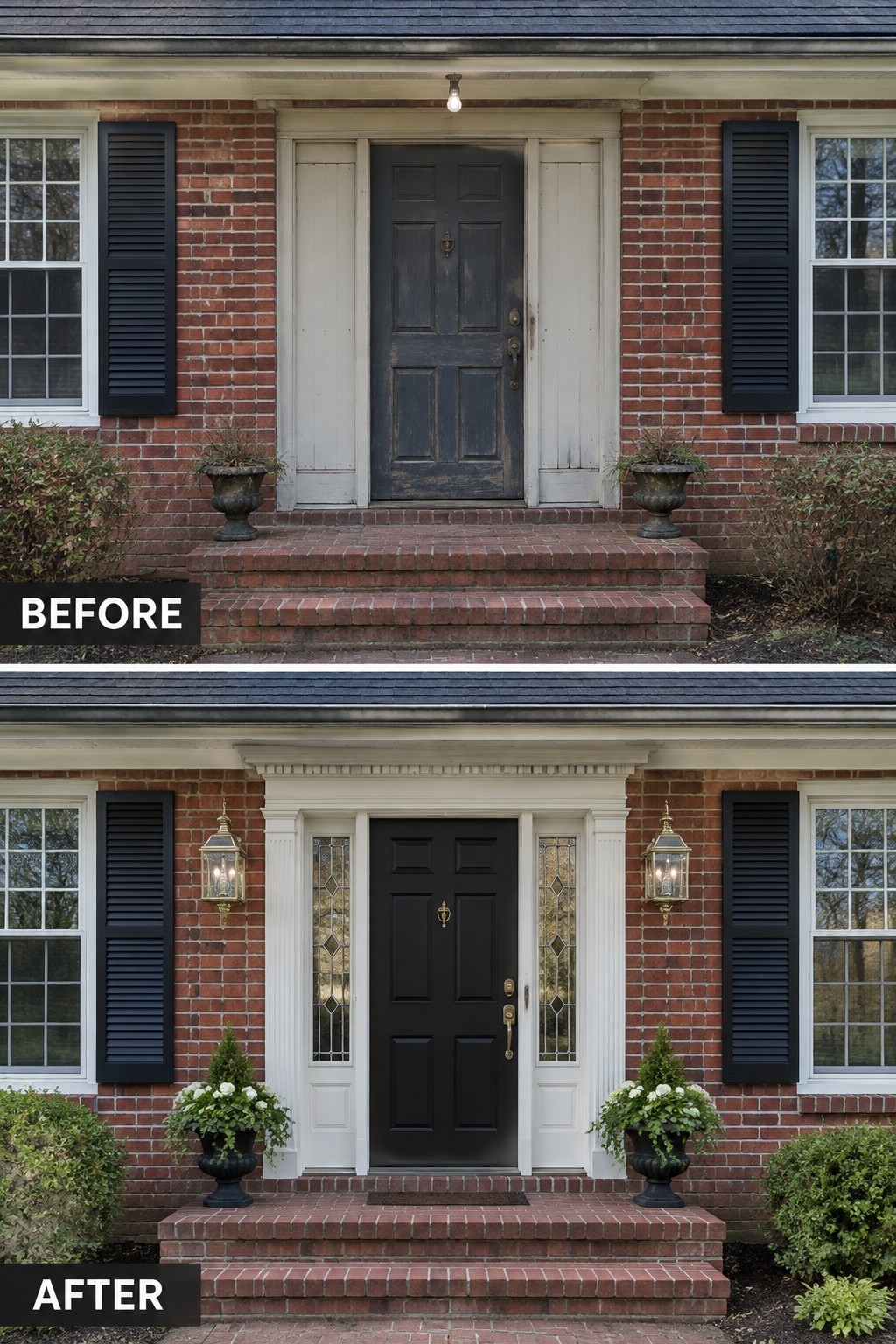Before-and-after views of brick house entry with new black door, white trim and lanterns.