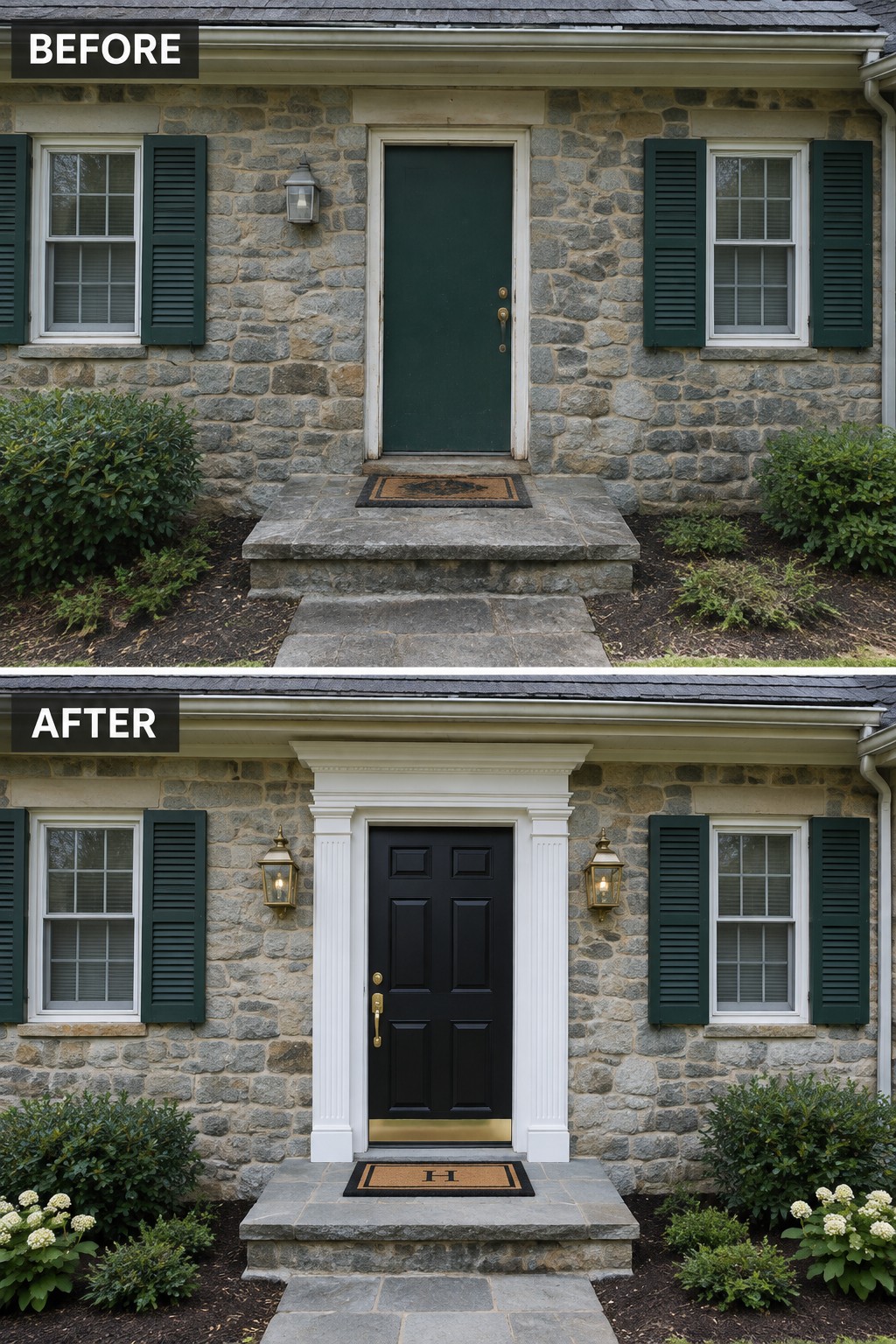 Before and after of stone house entry with door changed from green to black and white trim added