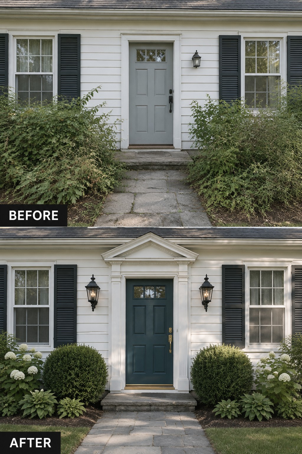 Before and after of white house with new dark door, columns, lanterns and trimmed landscaping