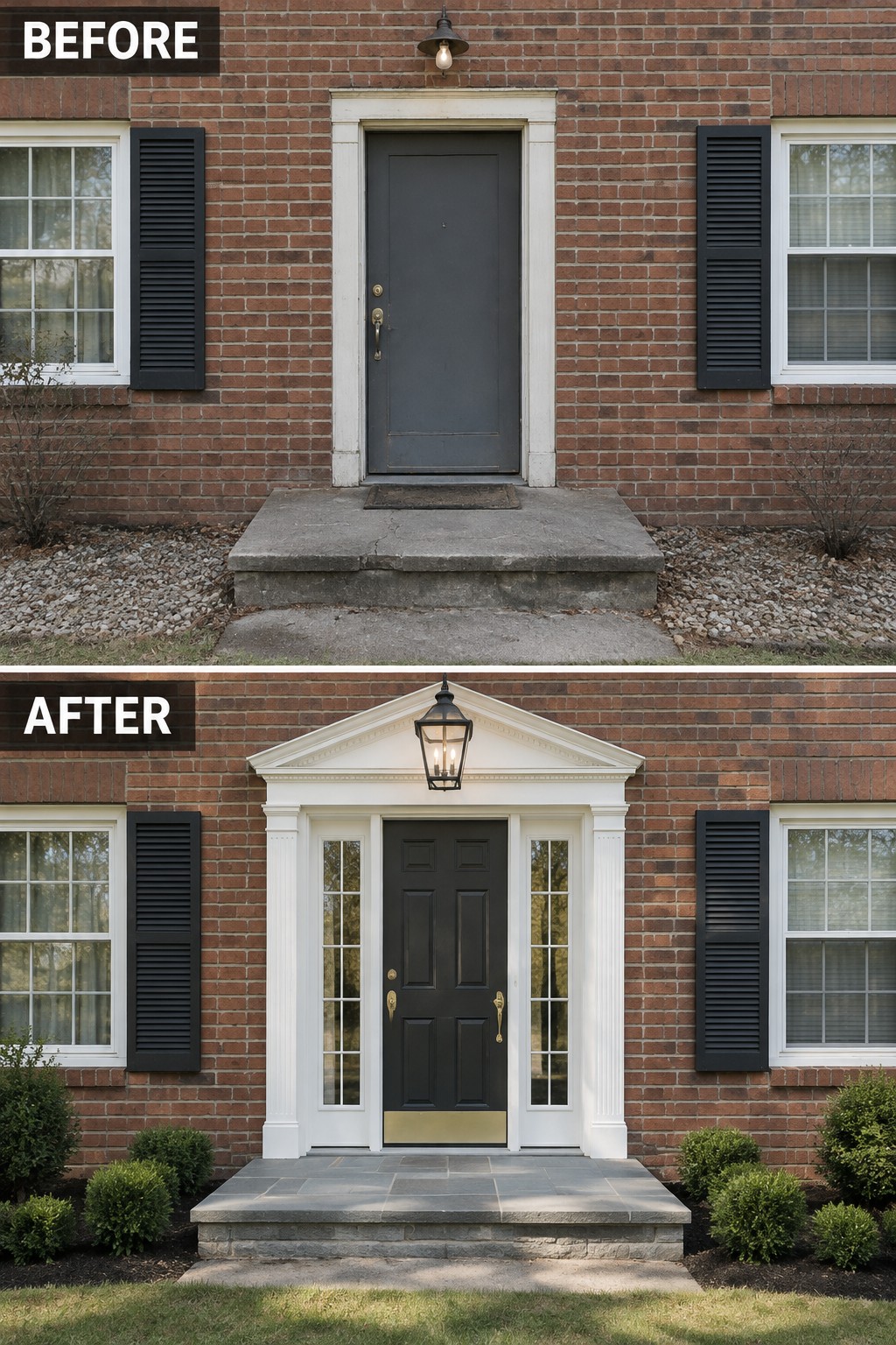 Before-and-after image of a colonial brick home front entry updated with a pediment, columns, sidelights, and a new dark door.
