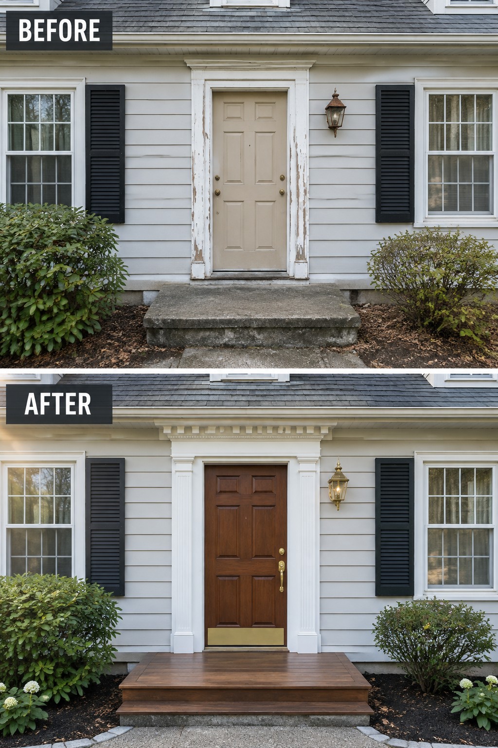 Before-and-after image of a colonial home front entry with a faded beige door changed to a stained wood door framed by new white fluted trim and a wooden platform step.