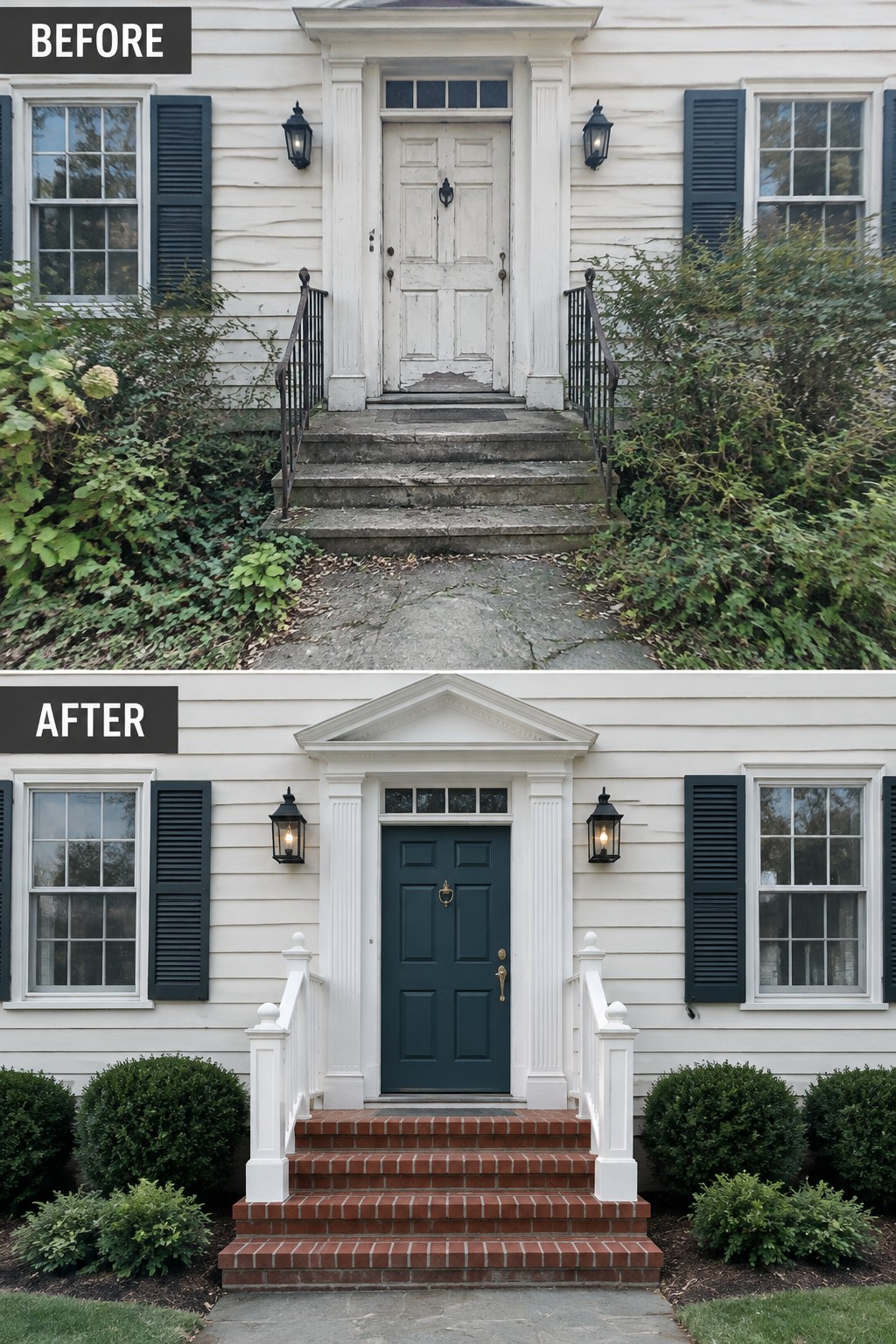 Before-and-after house entrance with dark green door, brick steps, and trimmed shrubs