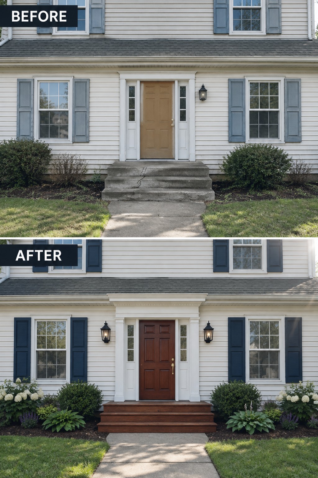 Before and after of white house with new dark shutters, wooden door, steps and landscaping.