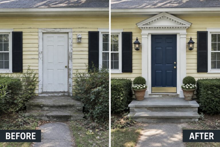 Before-and-after image of a colonial home front entry updated with a new white pediment and columns, a navy door, and potted plants on either side.