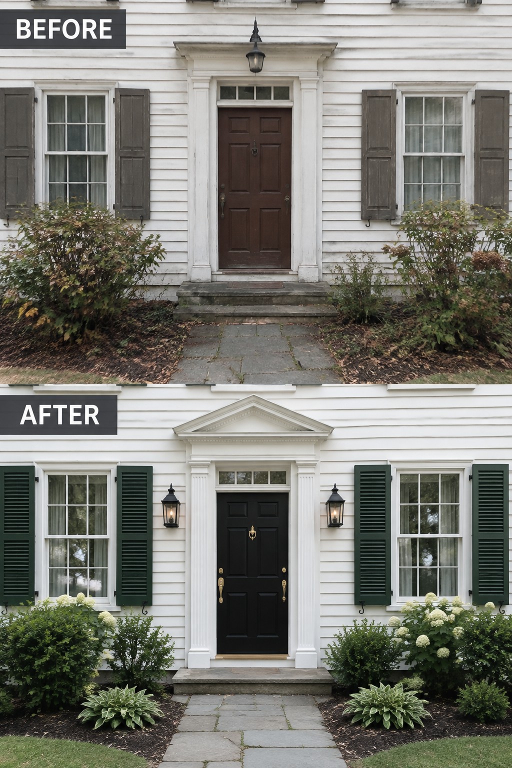 Before and after white house entrance with brown door changed to black and green shutters