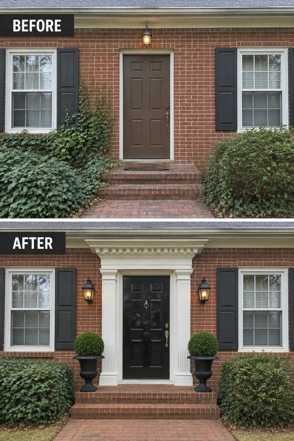 Before and after of brick house entrance with new black door, white columns and planters.