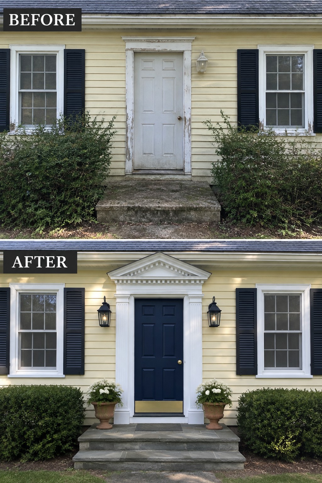 Before-and-after image of a colonial home front entry updated with a new white pediment and columns, a navy door, and potted plants on either side.