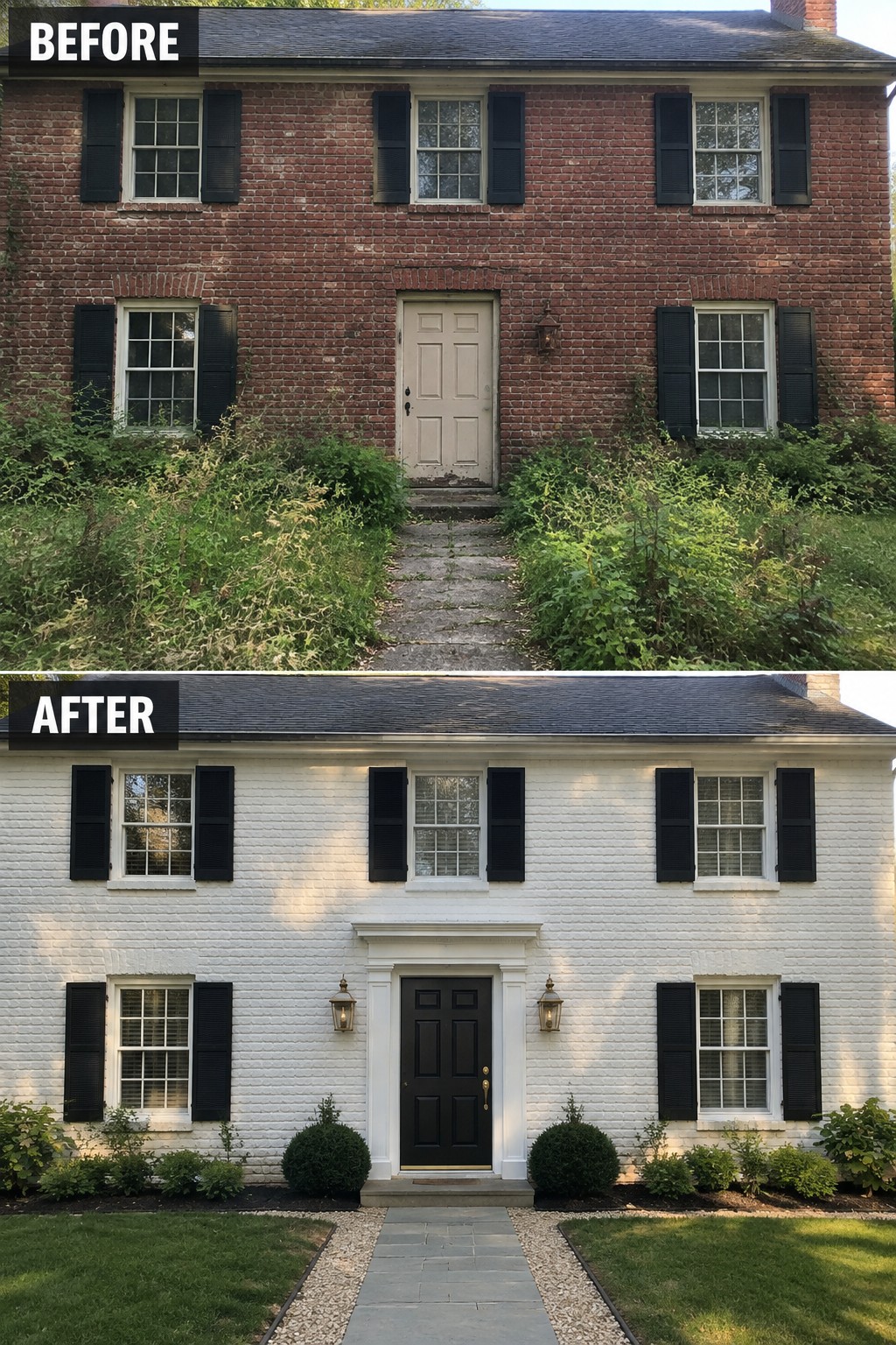 Before-and-after image of a brick colonial house with the exterior painted white, a black front door added, and traditional white trim installed around the entry.