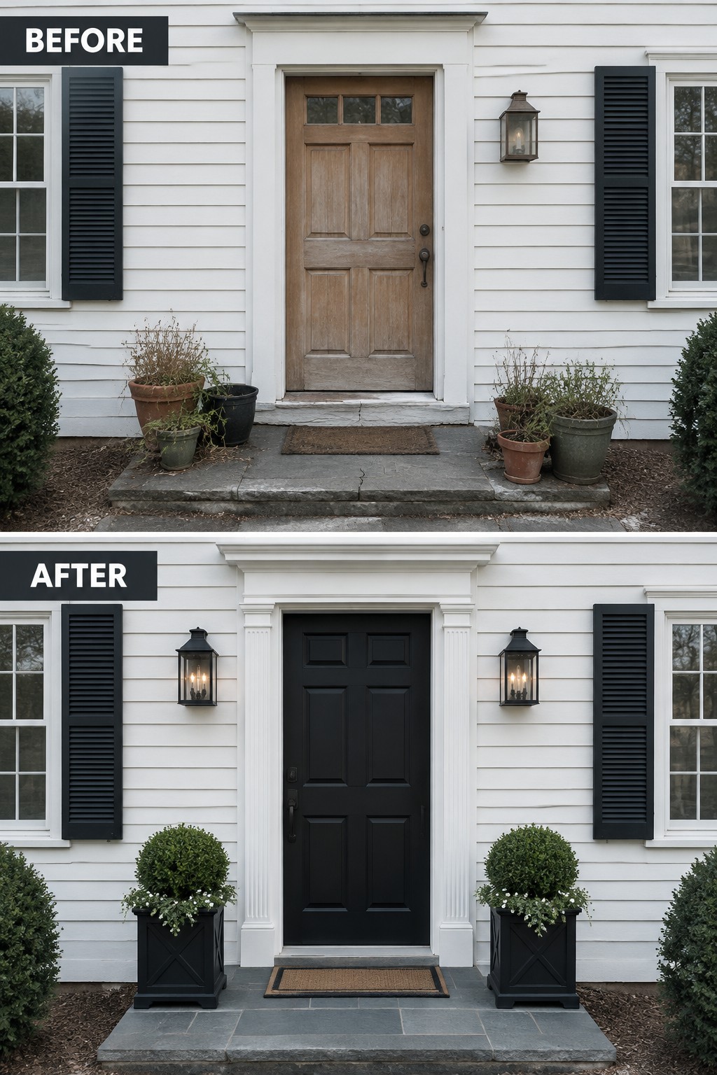 Before and after house entrance: brown door to black with matching planters and lights
