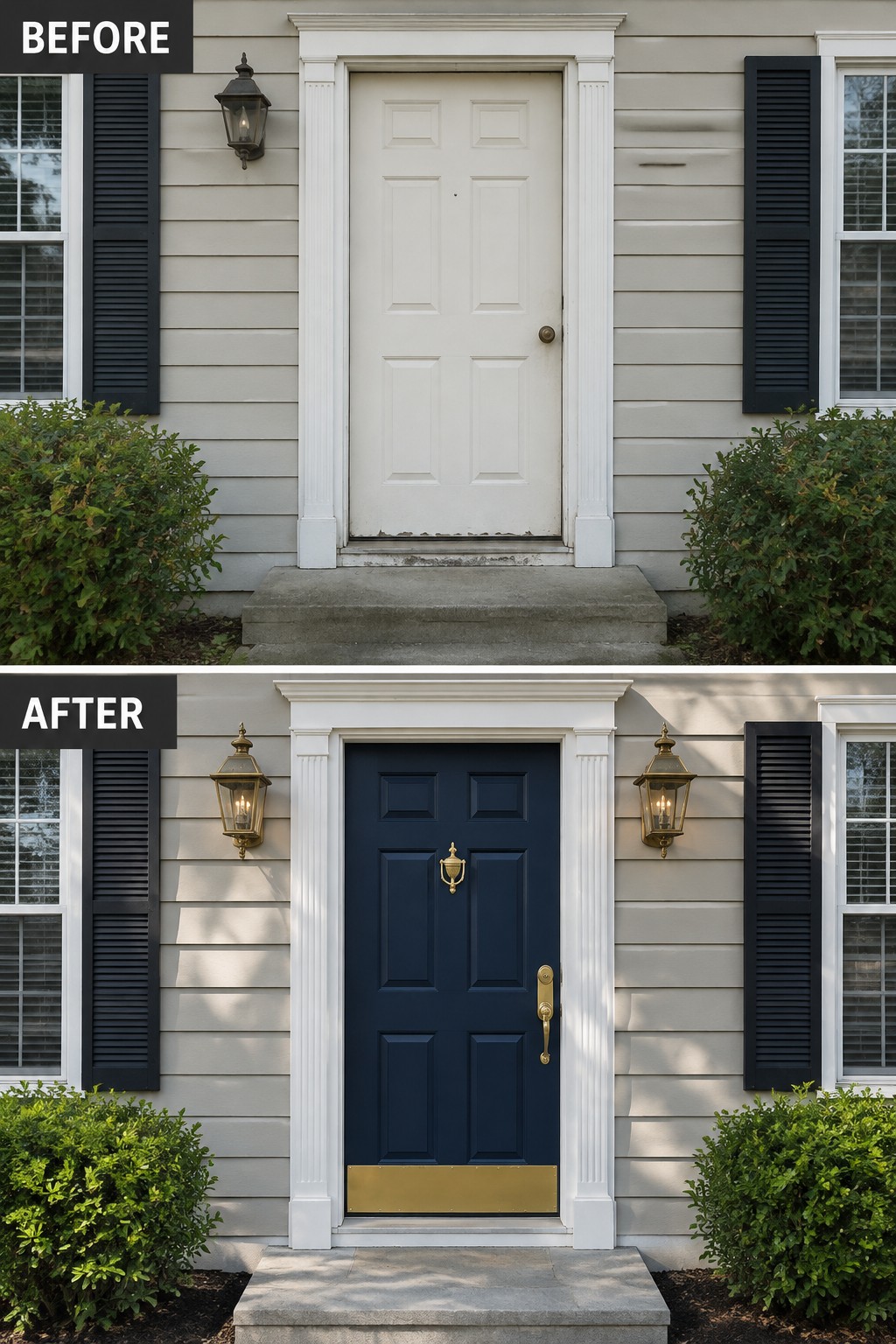 Before and after of front door painted navy blue with brass hardware and dual lanterns.