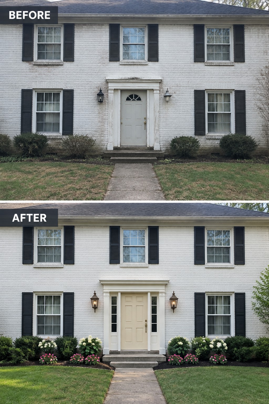 Before and after of white brick house with new beige door and vibrant landscaping