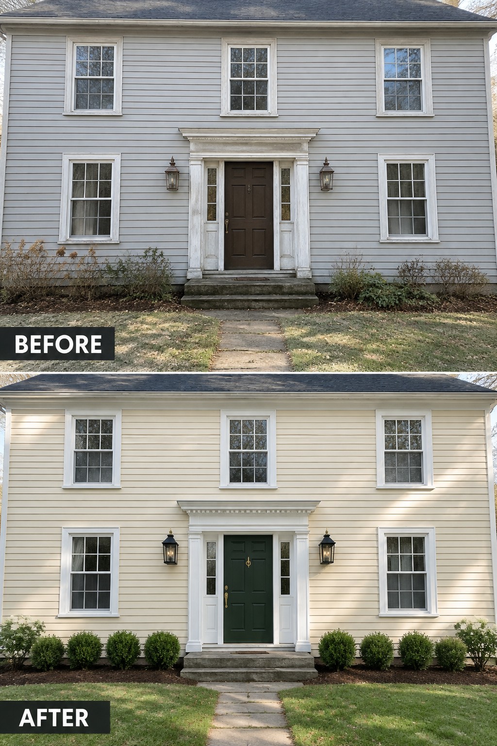 Before-and-after house exterior with new cream siding, green door, and lush landscaping