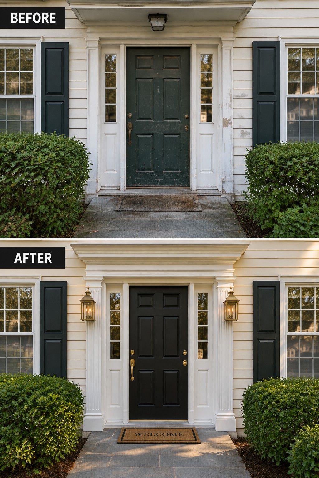 Before-and-after image of a colonial home entry with the front door repainted from weathered green to solid black, new gold hardware added, and lanterns placed on the flanking columns.