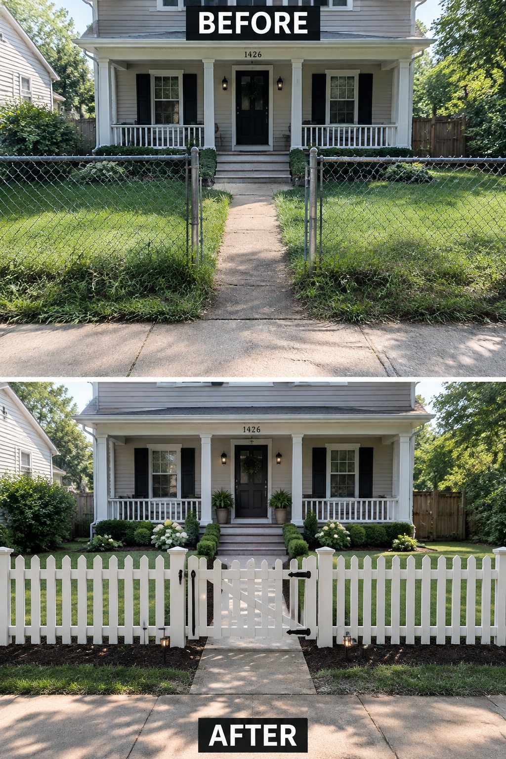 Before-and-after view of house with chain-link fence replaced by white picket fence and landscaping.