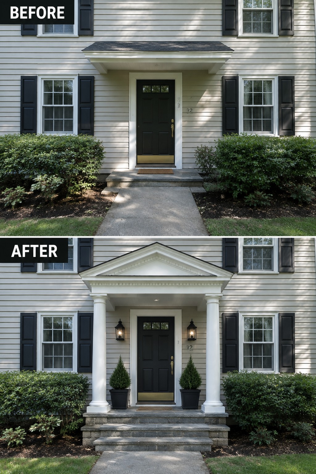 Before and after home entrance with new white columns, pediment, and stone steps.