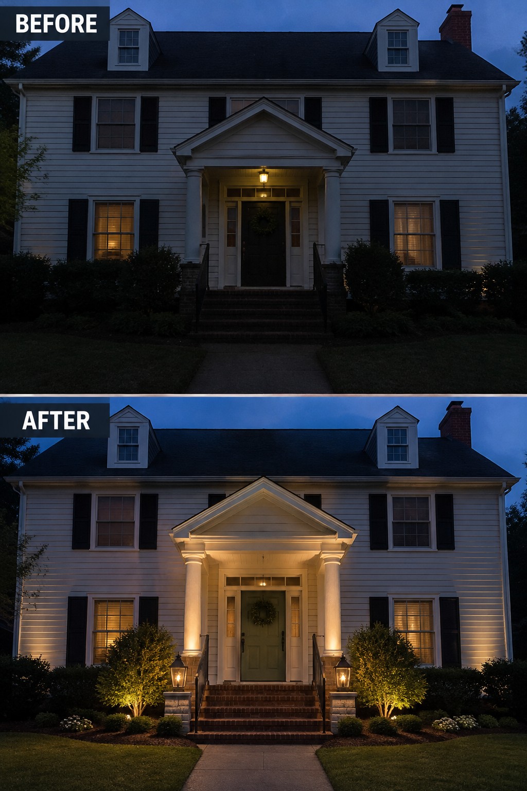 Split view of two-story house before and after adding column, shrub and pathway lighting at dusk