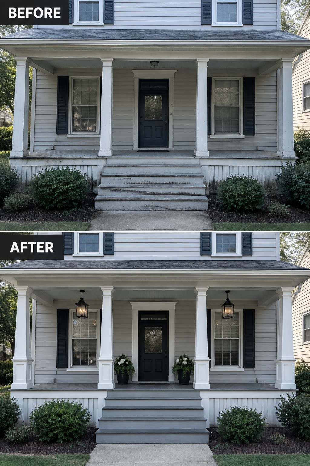 Before and after porch renovation with new lanterns, planters, and painted steps