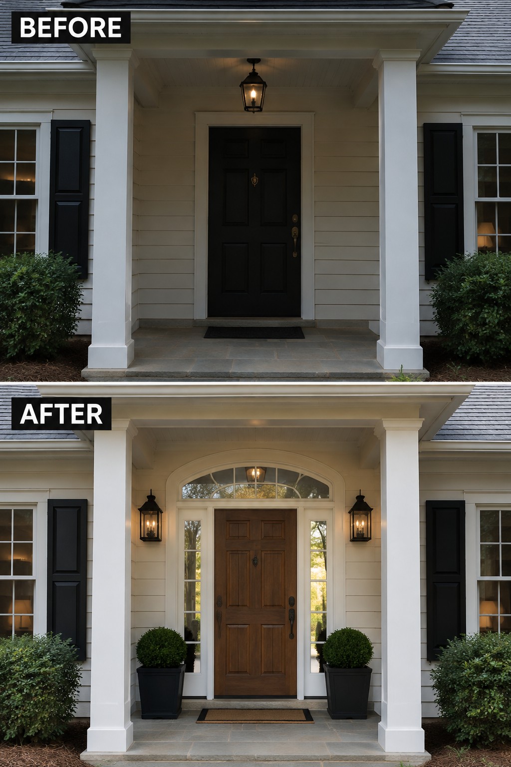 Before and after of white house entrance with black door replaced by brown wood and arched window.