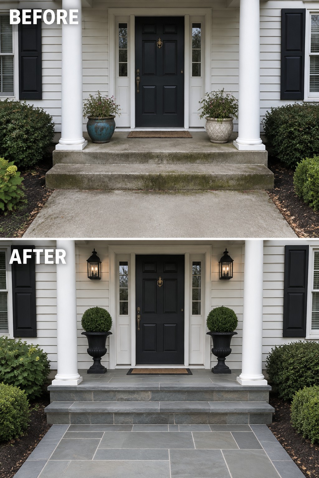 Before-after porch renovation: concrete steps replaced by stone with black urns and lanterns.