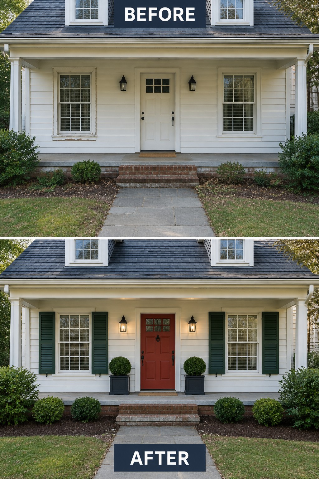 Before and after of white house exterior with red door and green shutters added