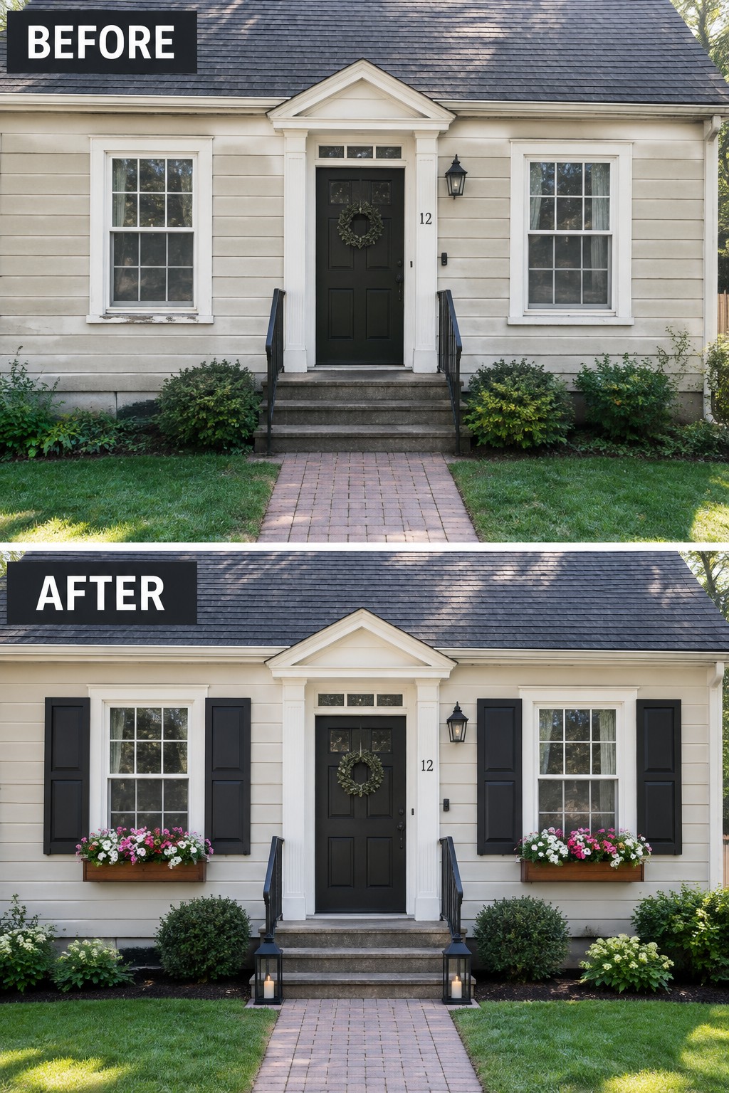 Before-and-after image of a colonial house exterior with windows updated by black shutters and flower boxes flanking the front door.