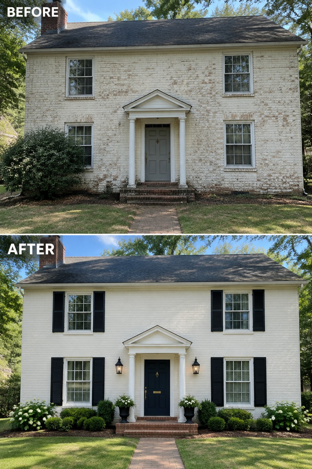 Before and after views of white brick house with added black shutters and landscaping
