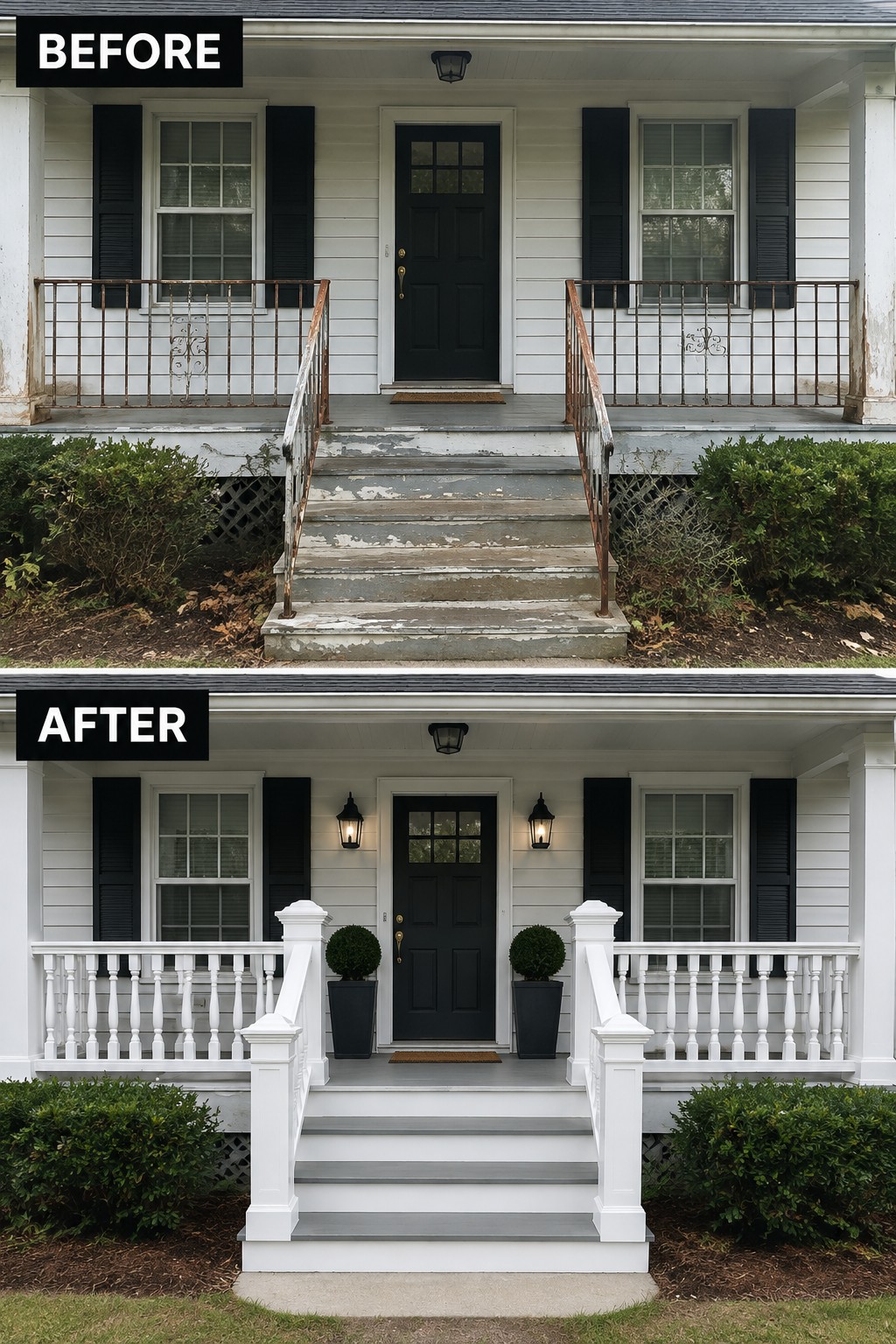 Before-and-after view of house porch with rusted railings replaced by white balusters and pots