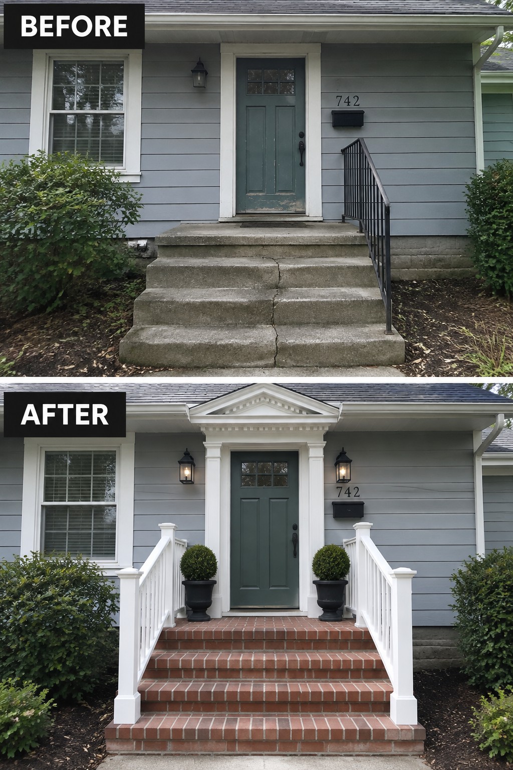 Before and after of gray house with new brick steps, white railings, and pediment.
