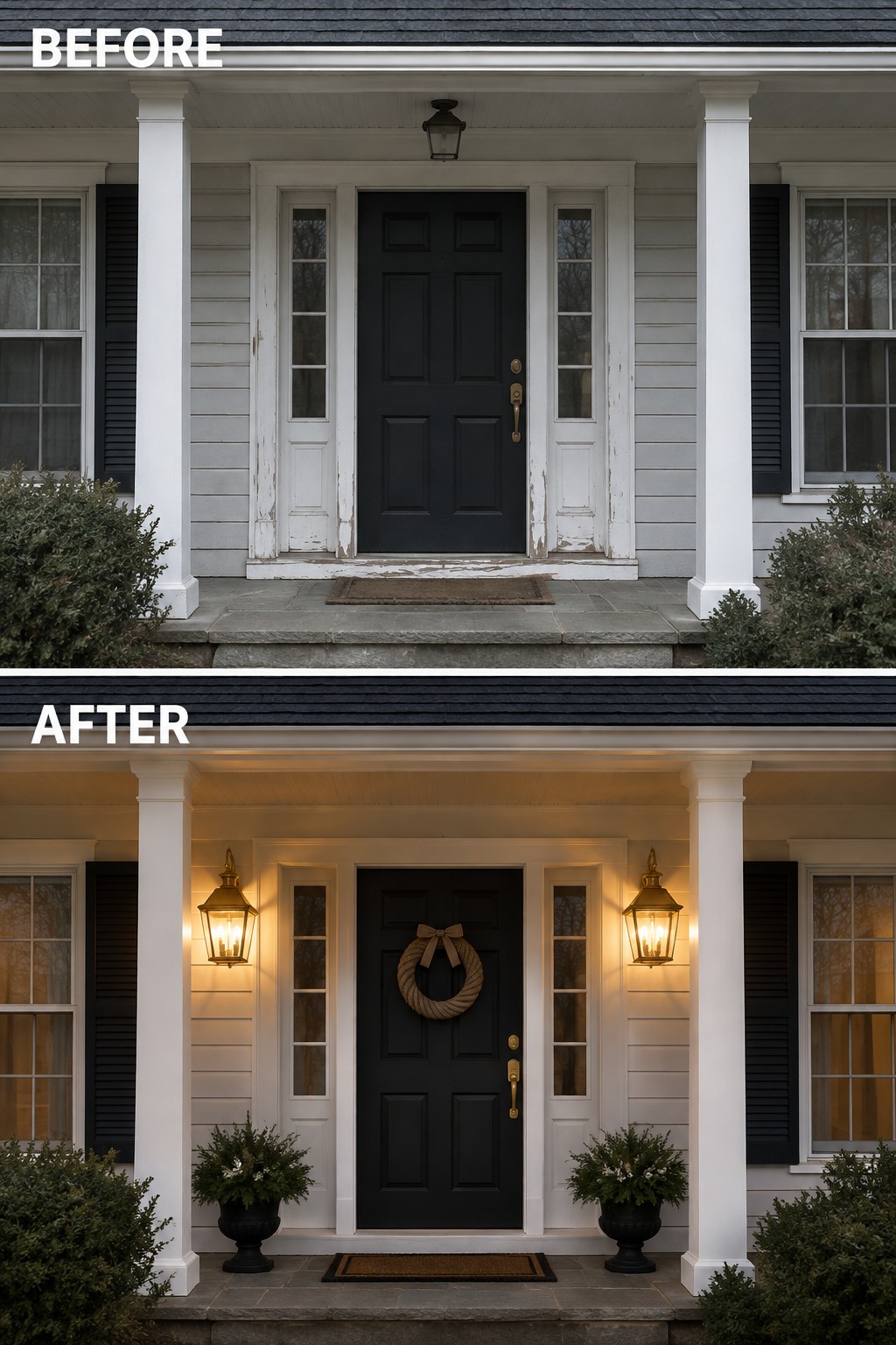 Before-and-after view of white porch with black door, wreath, lanterns, and potted plants.
