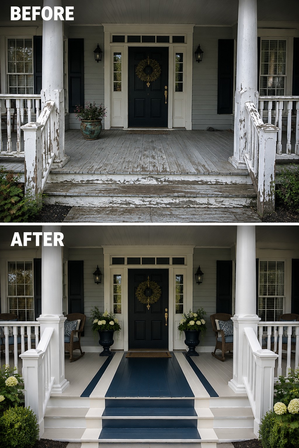 Before-and-after porch with peeling white paint repainted blue and white