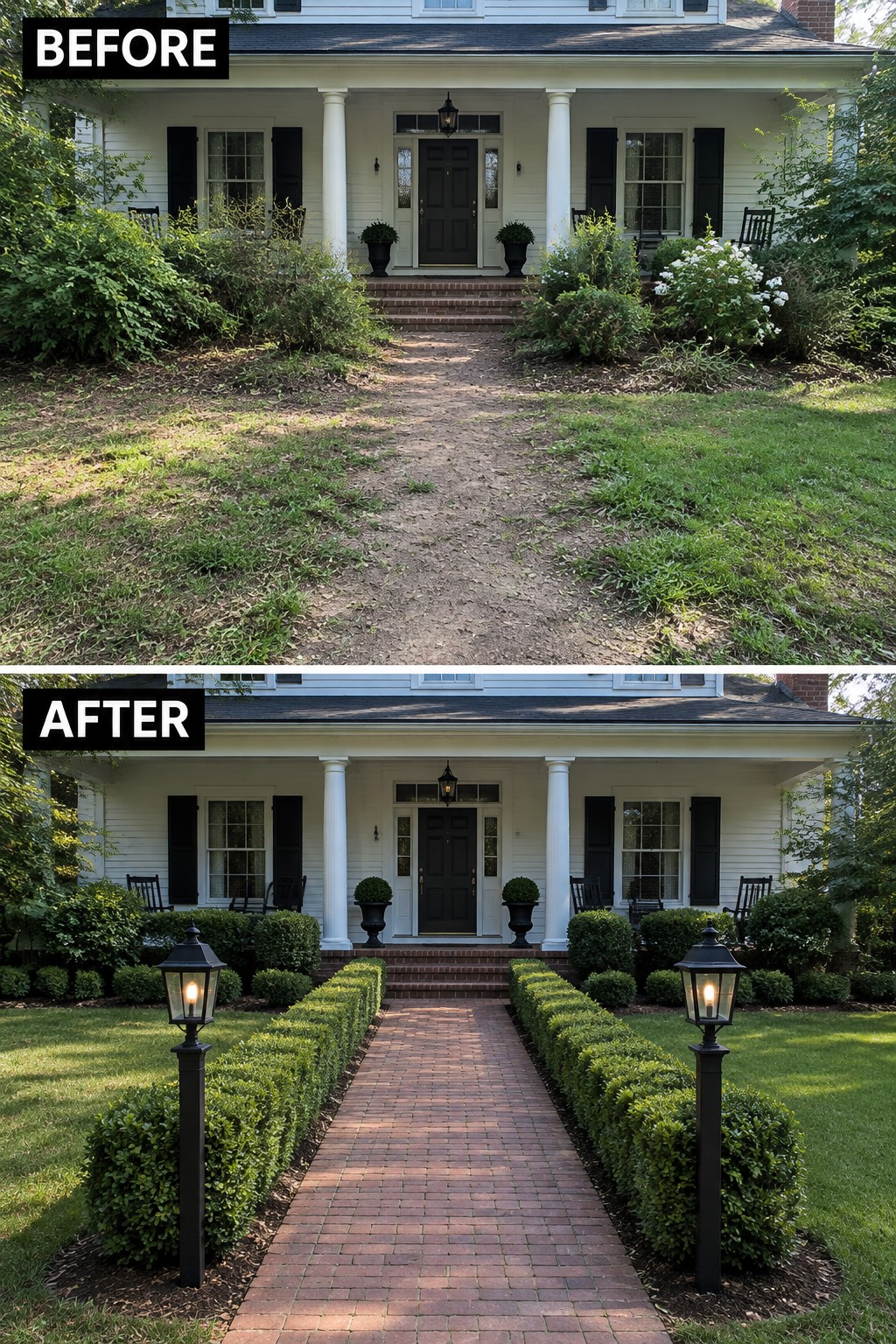 Before-and-after view of white house with dirt path transformed into brick walkway and hedges