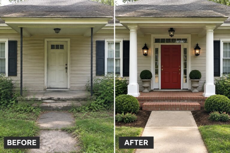 22 Classic Colonial Front Porch Makeover Ideas With Symmetrical Entry Details Before and after views of a house porch renovation with red door and white columns.