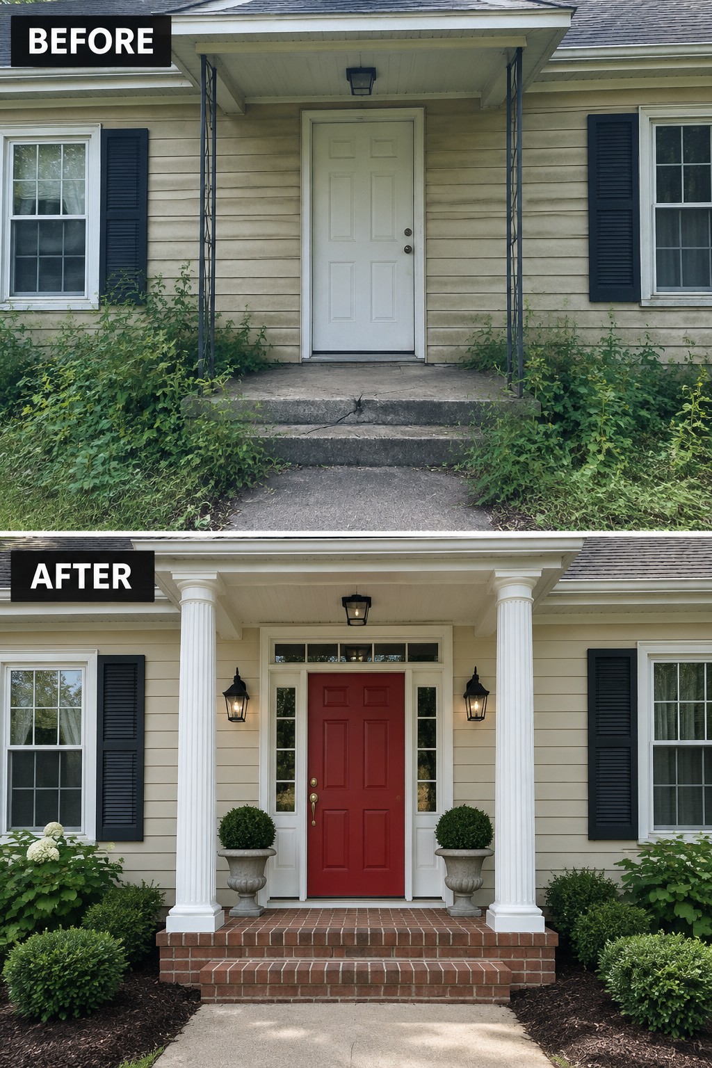 Before and after views of a house porch renovation with red door and white columns.