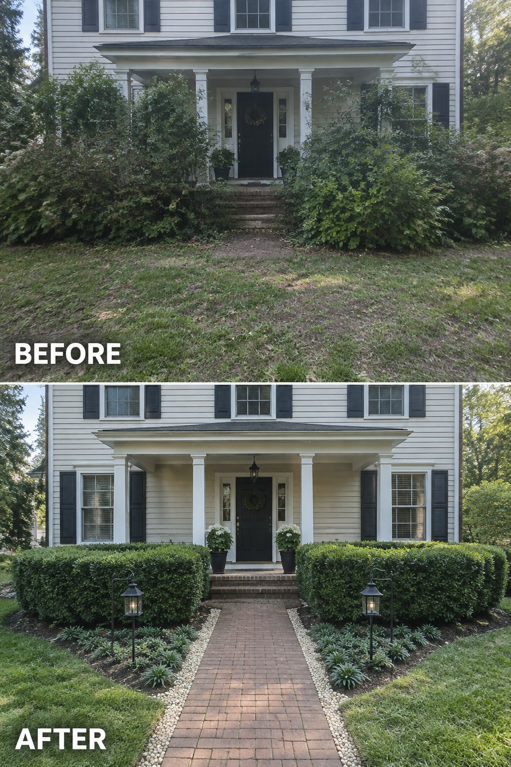 Before and after of white house with trimmed hedges, brick path, and lanterns
