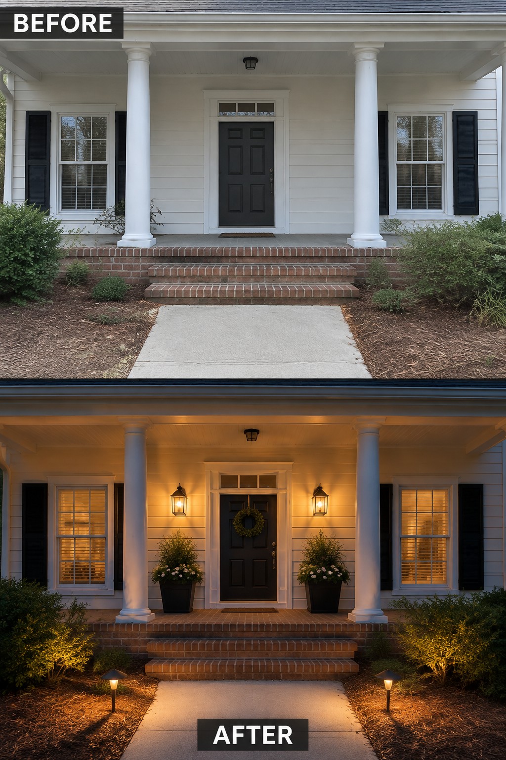Before-and-after views of a white house porch with added evening lights, wreath and plants