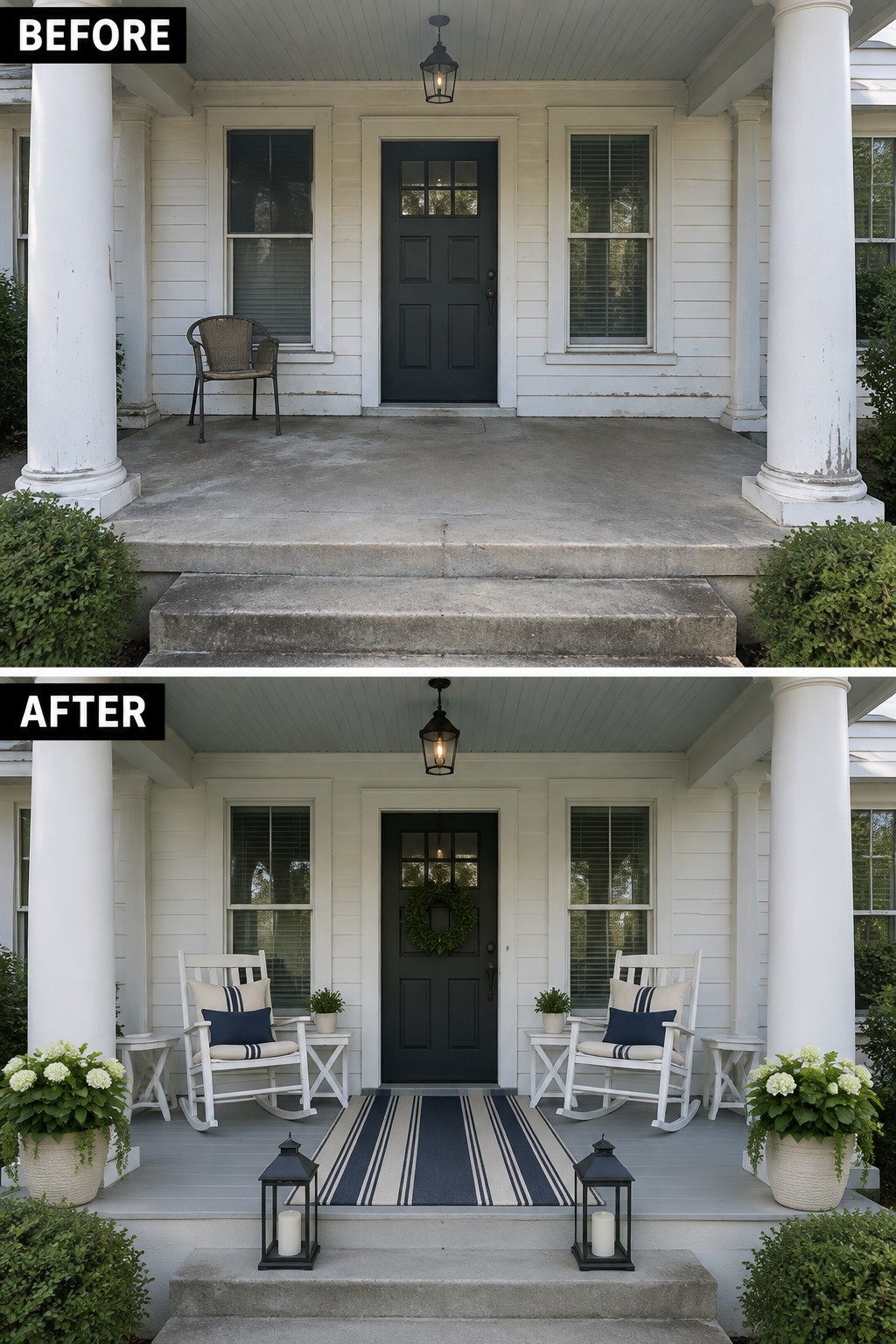 Before-and-after image of a bare front porch updated with two matching rocking chairs, a striped rug, lanterns, and potted plants.