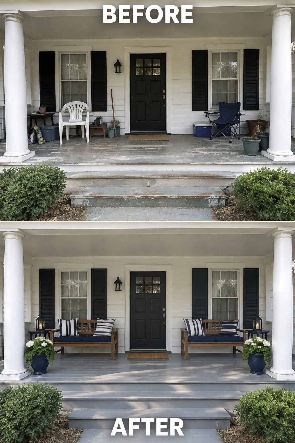Before-and-after porch makeover from cluttered with chairs to neat benches and planters