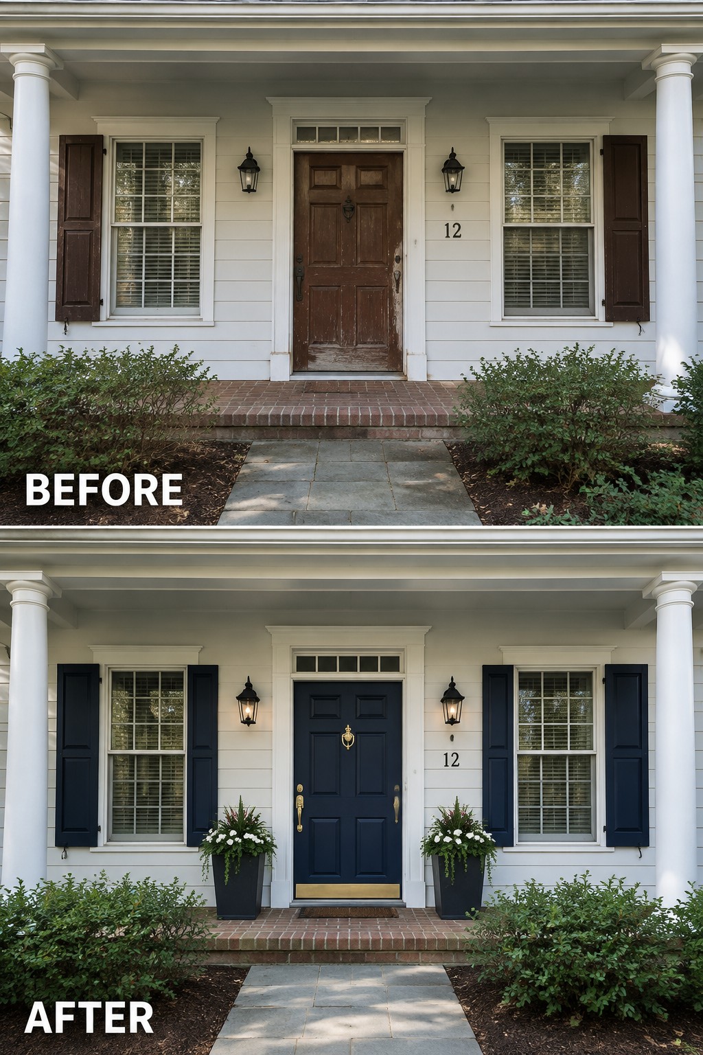 Before and after of white house porch with navy blue door, shutters, and potted flowers.
