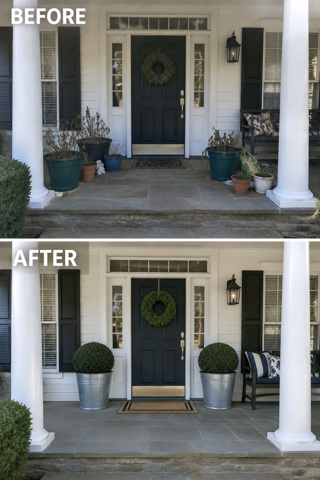 Before and after porch with new round shrubs in metal pots and green wreath.