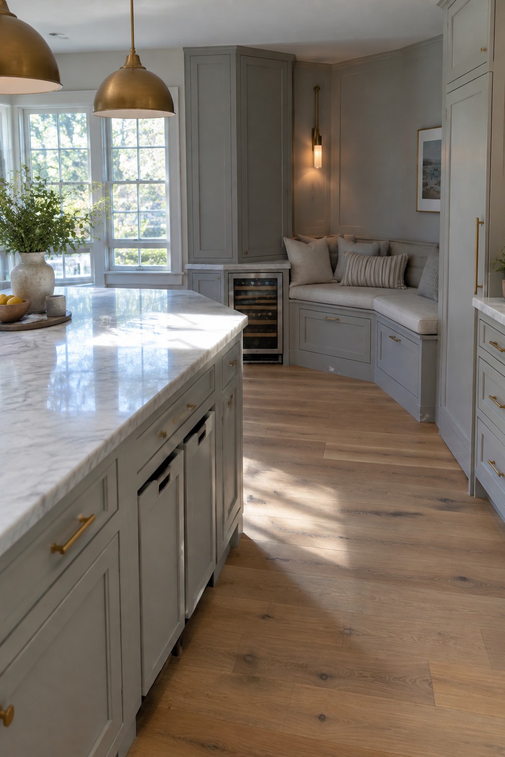 A kitchen corner with a built-in upholstered bench beside gray cabinets and a wine fridge.