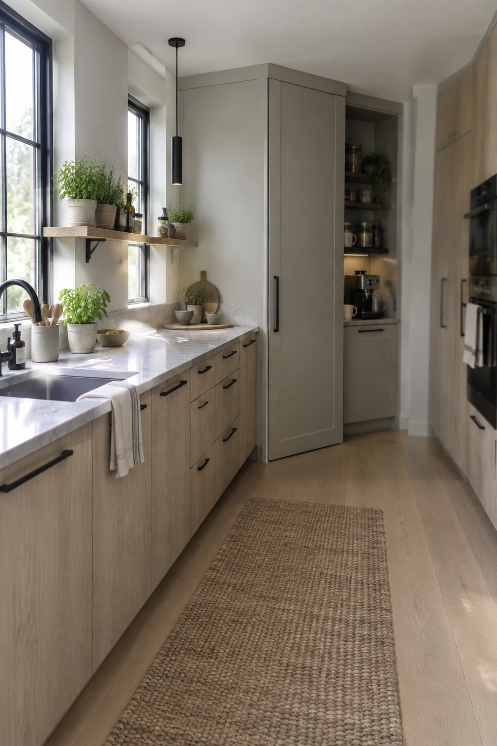 A narrow kitchen with light wood cabinets, a tall pantry cabinet, white counters, and a sink beneath black-framed windows.