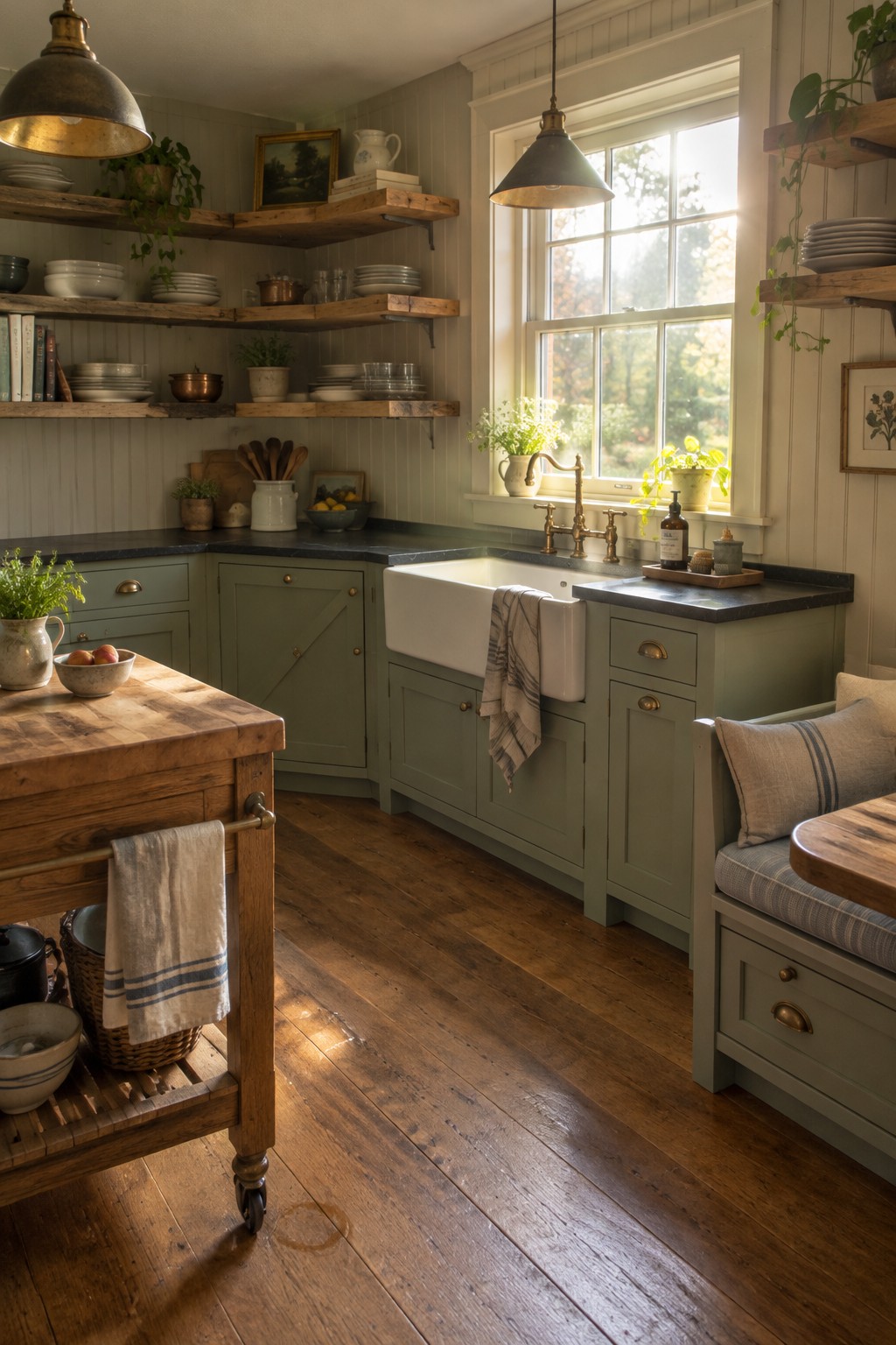 Sage-green kitchen cabinets form an L-shaped layout with a farmhouse sink beneath a window and open wooden shelves on the walls.