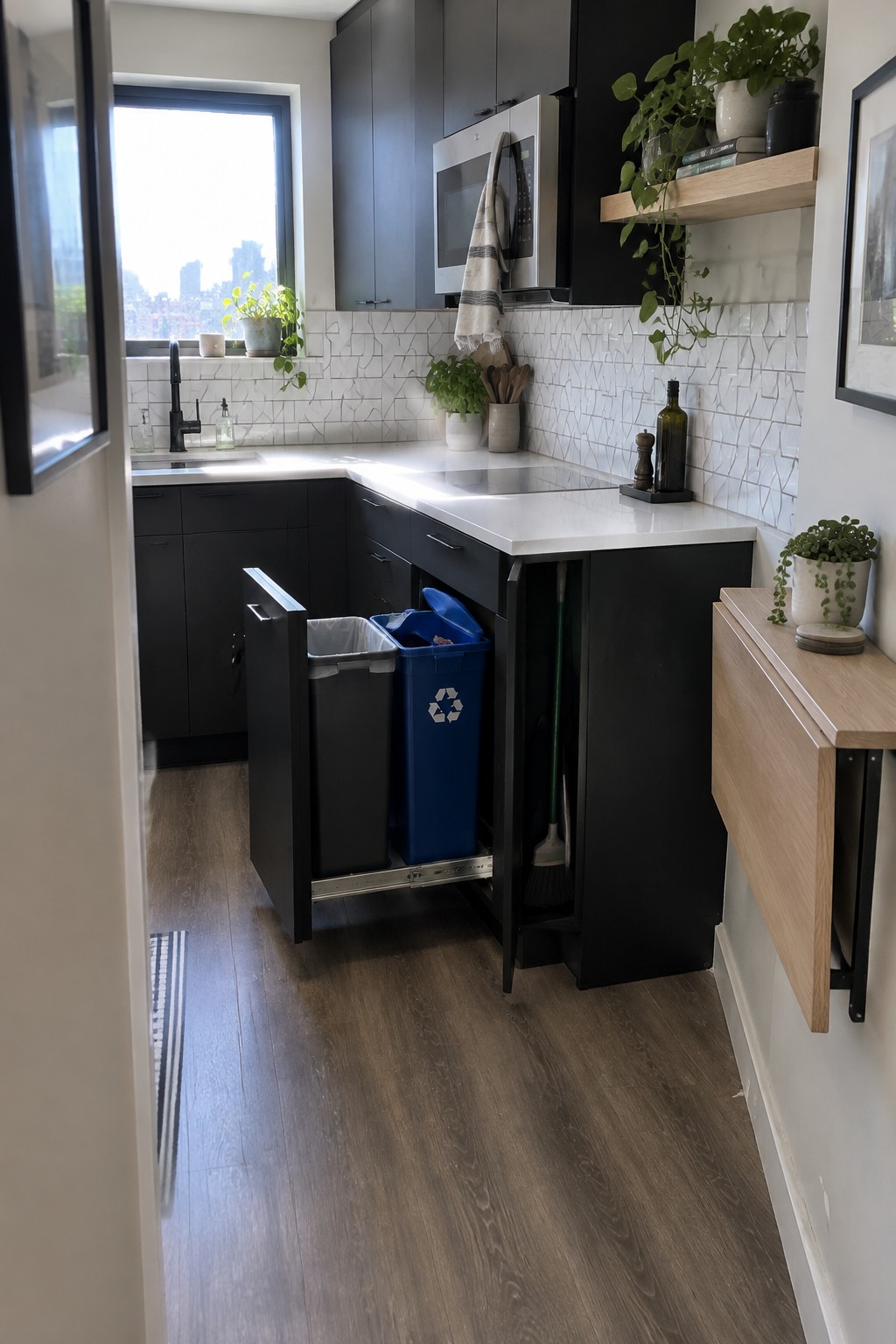 Two waste bins, one black and one blue, sit in a pull-out cabinet beneath a kitchen counter.