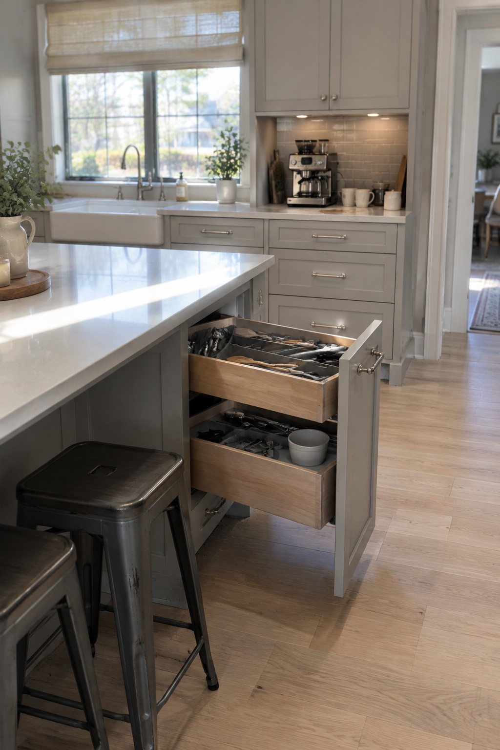 Two open kitchen cabinet drawers with utensils and kitchen tools stored inside.