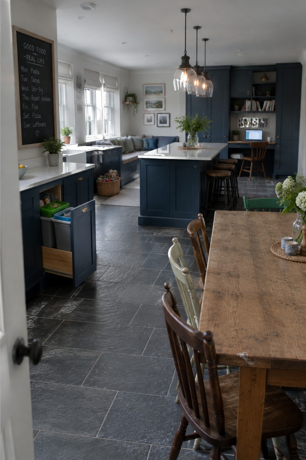 A kitchen with dark blue lower cabinets, including an open cabinet drawer holding storage bins.
