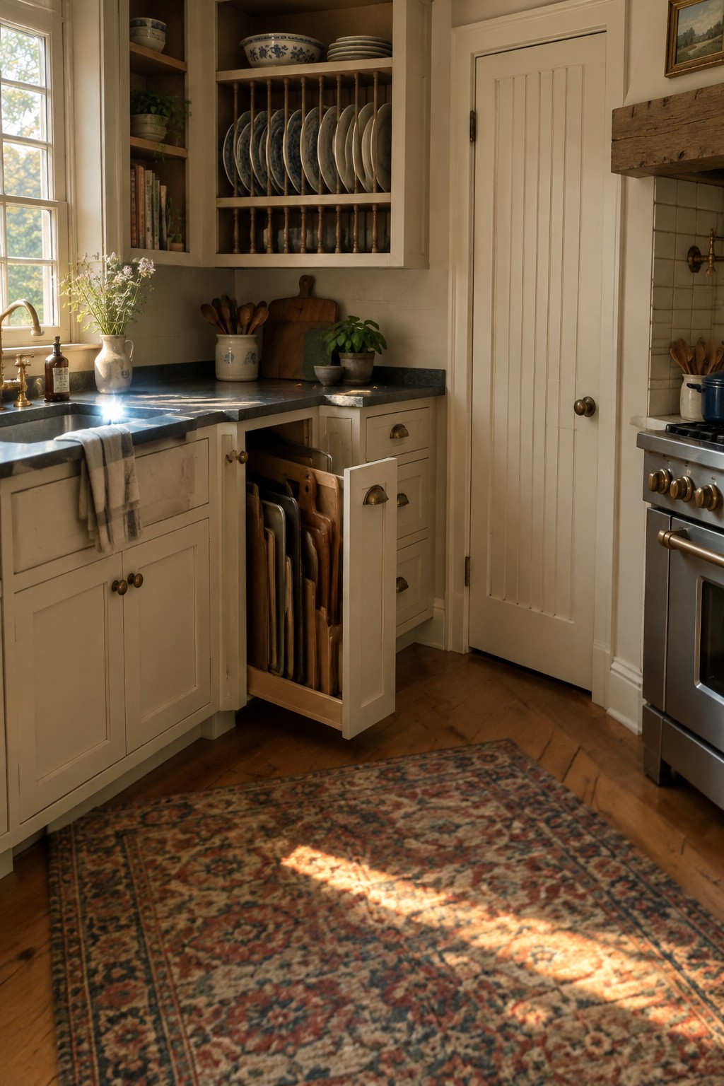 A narrow cabinet pull-out holds several cutting boards upright beside the kitchen counter.