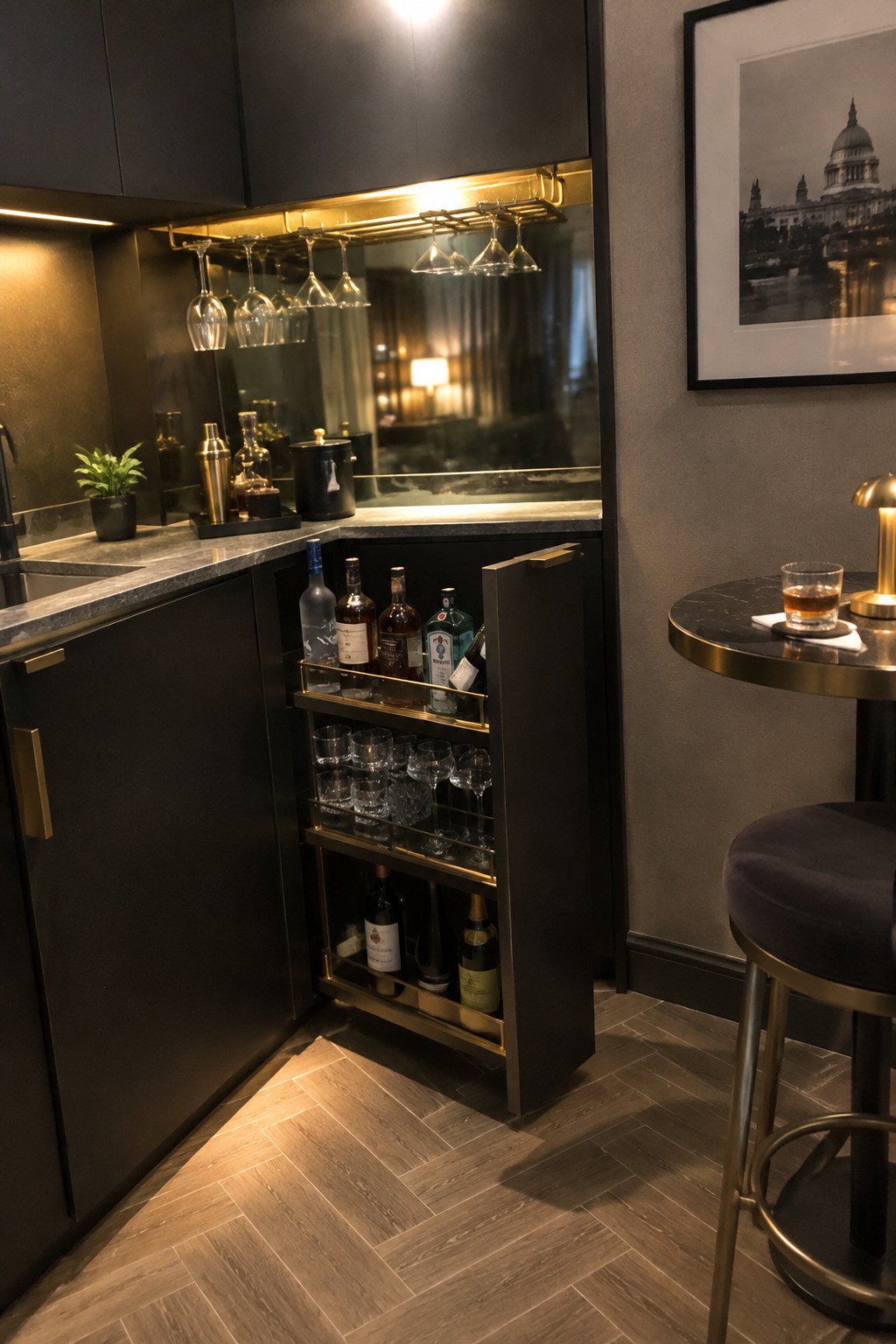 A narrow pull-out cabinet holds liquor bottles and glassware beside a home bar counter.