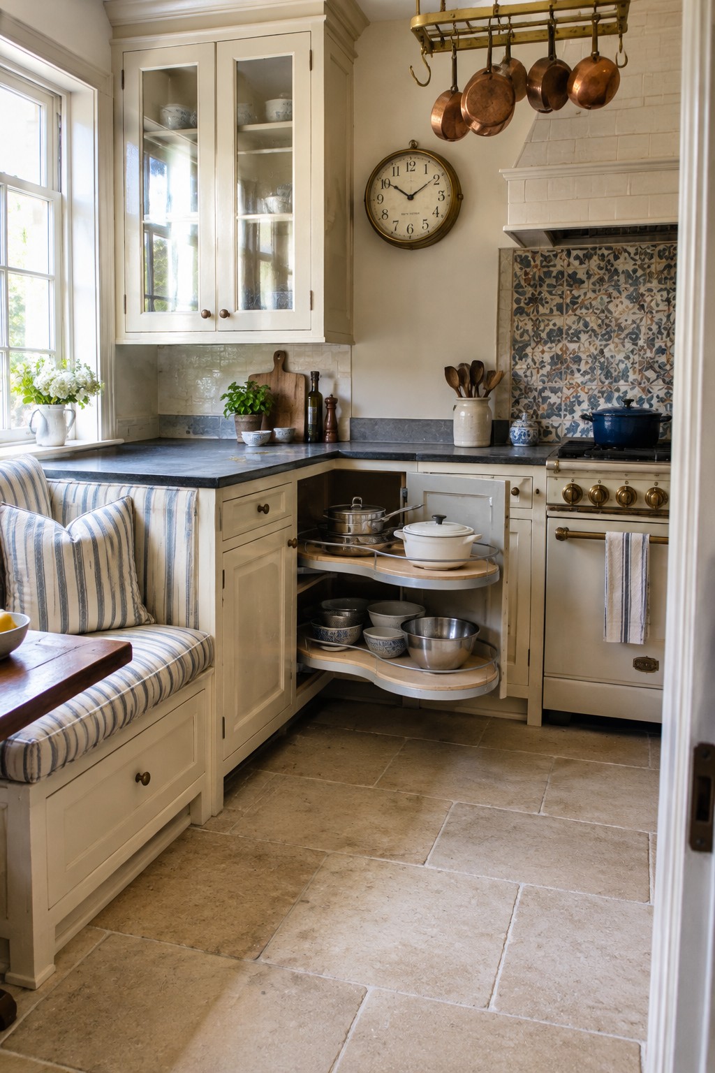 Curved pull-out shelves in an open cream-colored corner cabinet hold pots, bowls, and a white casserole dish.