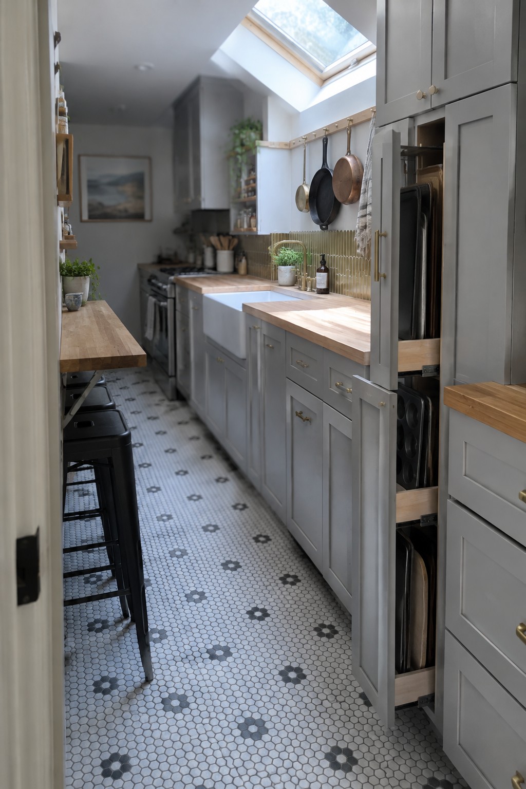 A narrow gray kitchen with wooden countertops, patterned tile flooring, and open pull-out cabinets holding trays and cookware.