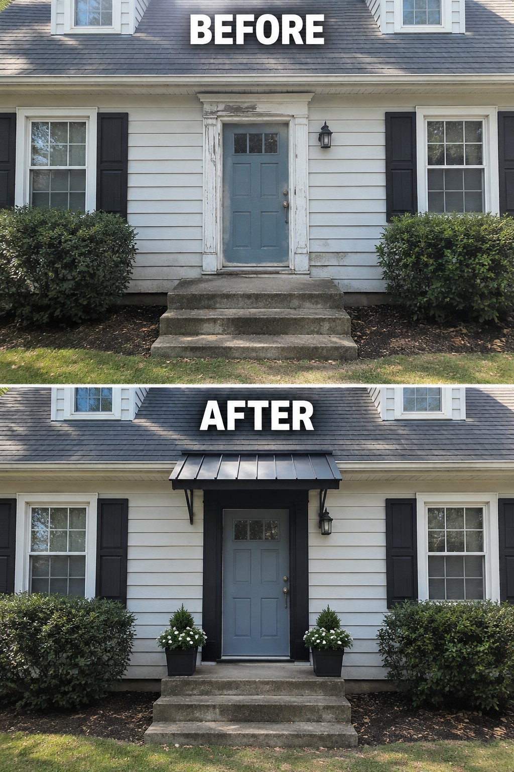 Before and after house entrance with new black trim, awning, and potted plants.
